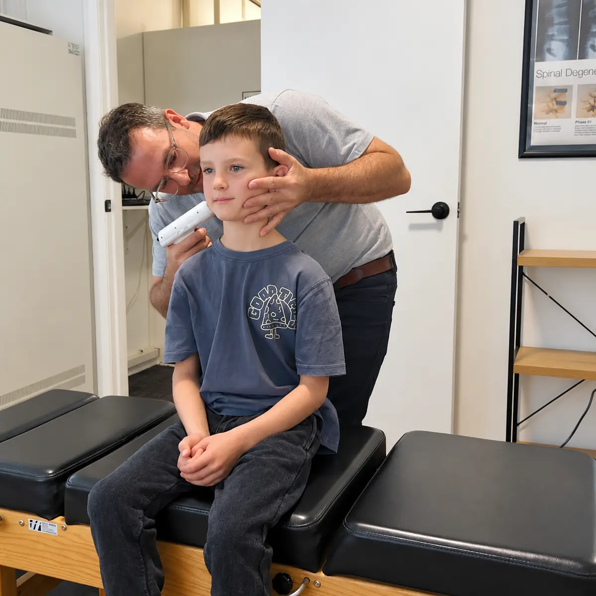 Chiropractor adjusting a young patient's neck at the Newcastle clinic